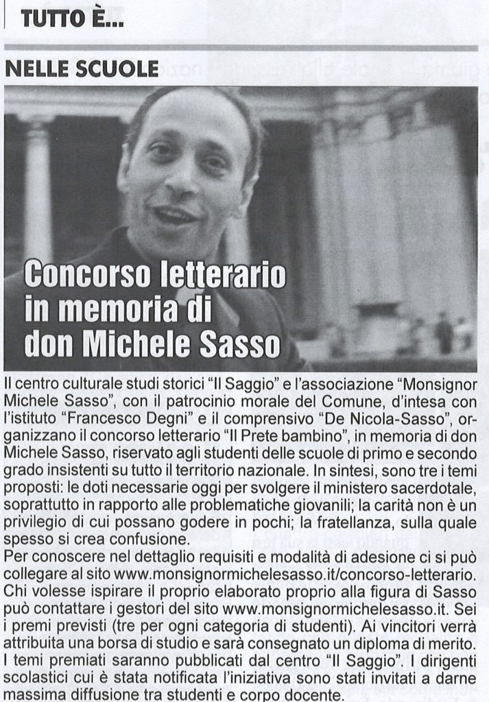 Concorso letterario in memoria di don Michele Sasso Monsignor